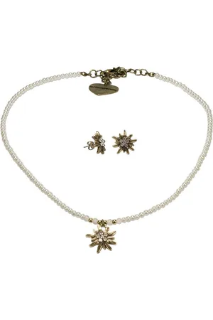 Alpenflüstern Ketten-Set Trachtenschmuck-Set Filigran Perlen-Trachtenkette und Trachten-Ohrstecker Strass-Edelweiß (creme-weiß), - Damen-Trachten-Schmuck antik-gold-farben, Trachtenset - Verkäufer: