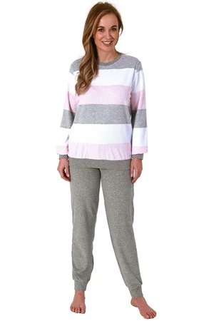 Normann Pyjama Damen Frottee Pyjama mit Bündchen in Block Streifenoptik - Verkäufer: Fairway