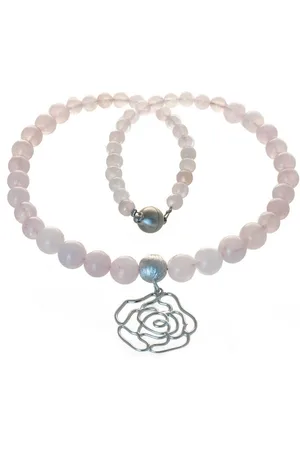 Bella Carina Perlenkette Rosenquarz Kette mit Anhänger Rose aus 925 Silber, mit Anhänger Rose - Verkäufer: