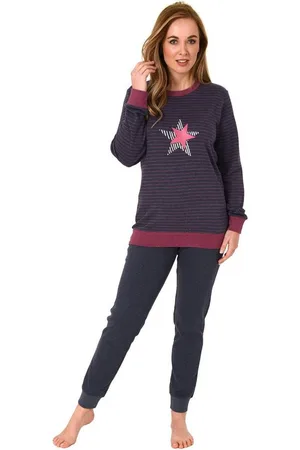 Normann Pyjama Kuscheliger Damen Pyjama mit Bündchen, Streifenoptik + Sternenmotiv - Verkäufer: Fairway