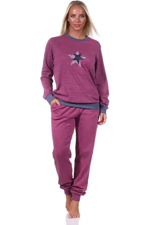 Normann Pyjama Kuscheliger Damen Pyjama mit Bündchen, Streifenoptik + Sternenmotiv - Verkäufer: Fairway