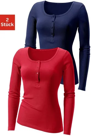 H.I.S Langarmshirt mit kurzer Knopfleiste (2er-Pack) aus modischer Rippqualität