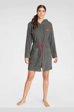 KangaROOS Damenbademantel Kira, ideal für Sauna & Spa, Hotelbademantel, Morgenmantel, Kurzform, Leichtfrottier, Kapuze, Reißverschluss, mit Bindekordel, kurz, Bademäntel für Damen, XS-3XL