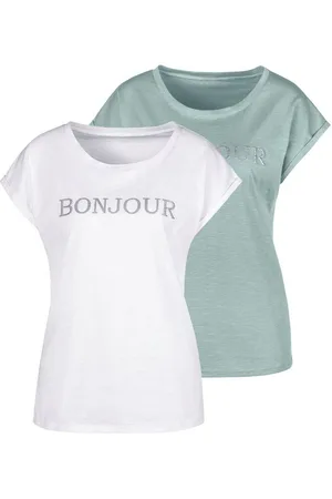 vivance collection T-Shirt mit Frontdruck "Bonjour" (2er-Pack) aus weicher Baumwoll-Qualität