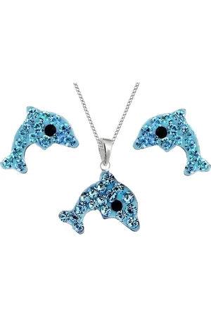 Goldene Hufeisen Schmuckset Kristall Delfin Set Anhänger 38cm Kette Ohrstecker 925 Silber (4-tlg, inkl. Etui), Mädchen Kinder Geschenkset - Verkäufer:
