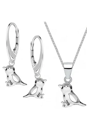 Goldene Hufeisen Schmuckset mini Spatz Ohrringe Anhänger 40cm Kette 925 Silber Mädchen Vogel Set (inkl. Etui), Mädchen Geschenkset - Verkäufer: