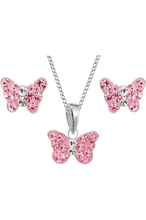 Goldene Hufeisen Schmuckset Rosa Schmetterling Anhänger Kette Ohrstecker 925 Silber Kristall (4-tlg, inkl. Etui), Kinder Geschenkset - Verkäufer: