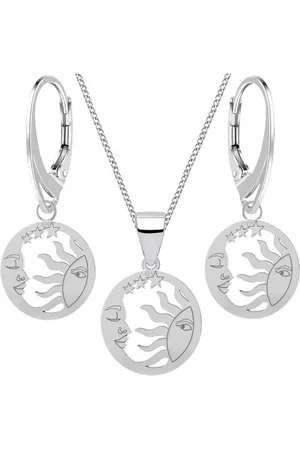 Goldene Hufeisen Schmuckset Sonne Mond Sterne Ohrringe Anhänger 40cm Kette 925 Silber Mädchen (4-tlg, inkl. Geschenk-Etui), Geschenkset - Verkäufer: