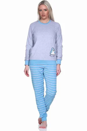 Normann Pyjama Damen Frottee Pyjama langarm mit Bündchen und Pinguin Stickerei - Verkäufer: Fairway