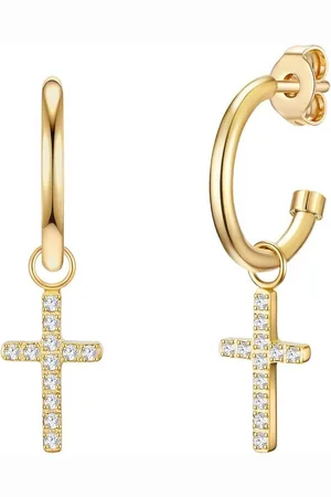 Eastside Paar Creolen Ohrschmuck aus Edelstahl, in gelbvergoldet, Zirkonia, Kreuz - Verkäufer: Juvalia