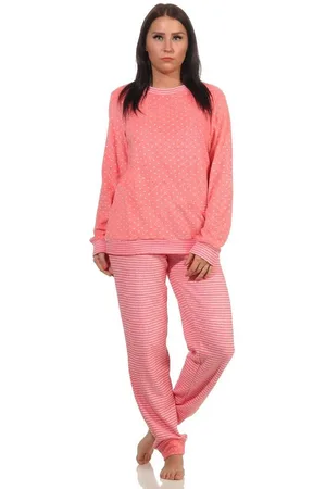 Normann Pyjama Damen Frottee Pyjama mit Bündchen in Herz-Tupfen Streifenoptik - Verkäufer: Fairway