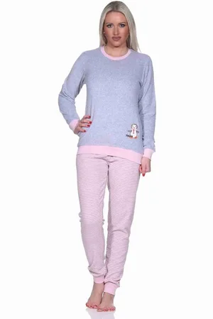 Normann Pyjama Damen Frottee Pyjama langarm mit Bündchen und Pinguin Stickerei - Verkäufer: Fairway
