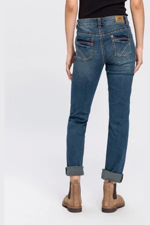 ARIZONA Gerade Jeans Kontrastnähte niedrige Leibhöhe, in 5-Pocket-Form, Used-Look-Waschung