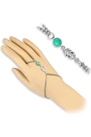 Bungsa Bauchketten und Fußketten Set Handkette Blättercharm Silber aus Messing Damen (1-tlg), Fingerkette Damen - Verkäufer: