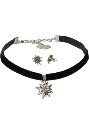Alpenflüstern Ketten-Set Trachtenschmuck-Set Trachten-Samt-Kropfband und Ohrstecker Strass-Edelweiß (schwarz), - Damen-Trachten-Schmuck, Trachtenset Trachtenkette und Trachten-Ohrringe - Verkäufer: