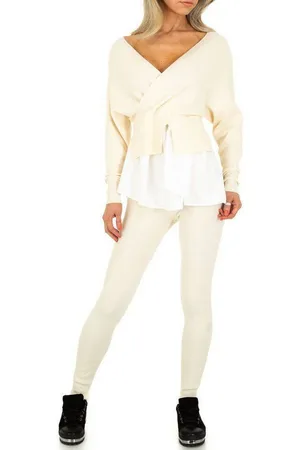 Ital-Design Freizeitanzug Damen Freizeit Wickel, Wickeloptik Stretch Jogging- & Freizeitanzug in Creme - Verkäufer: