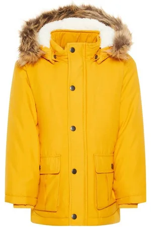 NAME IT Winterjacke Jungen Parka wattiert mit Kapuze in gelb mit Kapuze, mit Stehkragen - Verkäufer: Schnubby-de