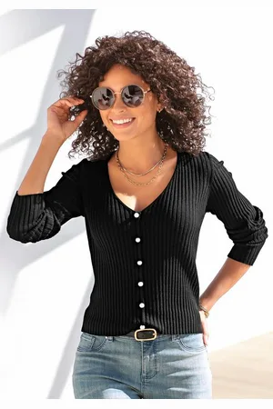 Lascana V-Ausschnitt-Pullover mit Zierperlen, figurbetonter Strickpullover, elastisch
