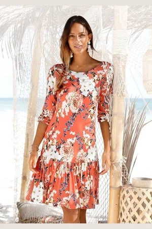 QS by s.Oliver Jerseykleid mit Blumenprint und Volantrock, 3/4-Ärmel, Sommerkleid, Strandkleid
