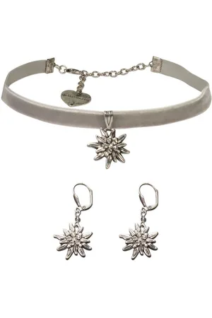 Alpenflüstern Ketten-Set Trachtenschmuck-Set Trachten-Samt-Kropfband und Ohrhänger Strass-Edelweiß (grau), - Damen-Trachten-Schmuck, Trachtenset Trachtenkette und Trachten-Ohrringe - Verkäufer: