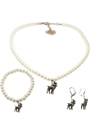 Alpenflüstern Ketten-Set Trachtenschmuck-Set Perlen-Trachtenkette, Trachten-Armband und Trachten-Ohrhänger Hirsch (creme-weiß), - Damen-Trachten-Schmuck, Trachtenset Kette, Armkette und Ohrringe - Verkäufer: