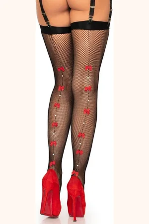 Leg Avenue Strapsstrümpfe Netz-Strümpfe mit Schleifen und Schmucksteinen - schwarz, rot (1-Paar) elastischer Netz-Stoff - Verkäufer: Sandritas