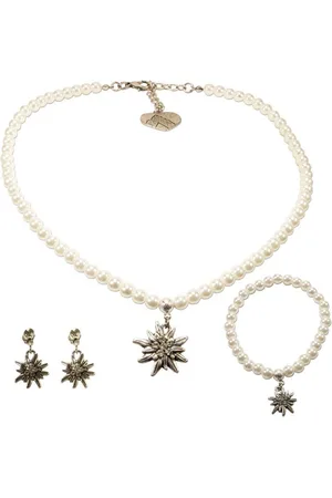 Alpenflüstern Ketten-Set Trachtenschmuck-Set Perlen-Trachtenkette, Trachten-Armband und Trachten-Ohrhänger Strass-Edelweiss (creme-weiß), - Damen-Trachten-Schmuck, Trachtenset Kette, Armkette und Ohrringe - Verkäufer: