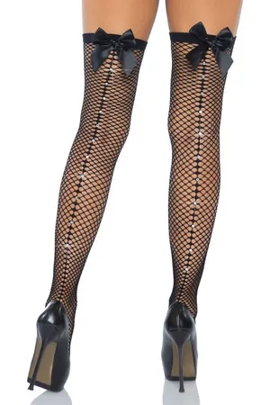 Leg Avenue Halterlose Strümpfe Halterlose Netz-Strümpfe mit Satin-Schleife und Schmucksteinen (1-Paar) elastischer Netz-Stoff - Verkäufer: Sandritas