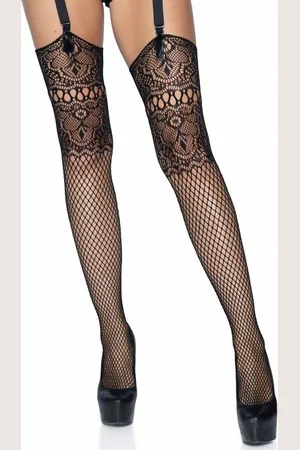 Leg Avenue Strapsstrümpfe Netz-Strümpfe mit Spitze Straps-Strümpfe - (1-Paar) transparent - Verkäufer: Sandritas