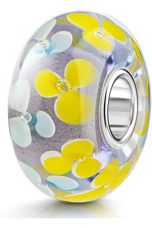 Materia Bead Glasperle Blumen / Blüten Muster Gelb Blau 914, Kern aus 925 Sterling Silber - Verkäufer: Schmuck