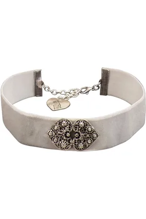 Alpenflüstern Choker Trachten-Samt-Kropfband Ornament-Herzen (grau), - nostalgische Trachtenkette enganliegend, Kropfkette elastisch, Damen-Trachtenschmuck, Samtkropfband breit - Verkäufer: