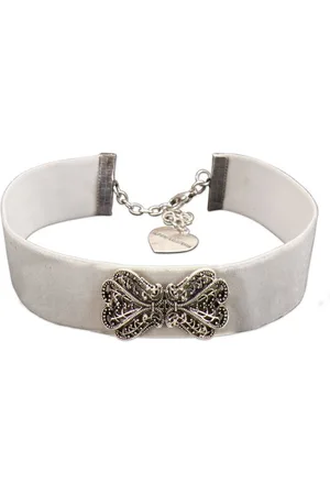 Alpenflüstern Choker Trachten-Samt-Kropfband Ornament-Schleife (grau), - nostalgische Trachtenkette enganliegend, Kropfkette elastisch, Damen-Trachtenschmuck, Samtkropfband breit - Verkäufer: