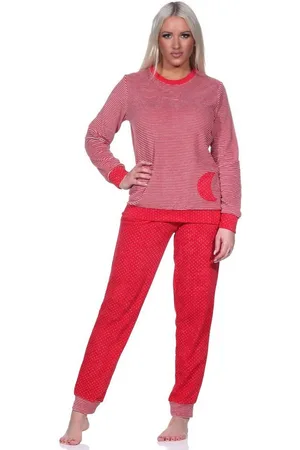 Normann Pyjama Damen Frottee Pyjama mit Bündchen im Herz Tupfen- und Ringeldesign - Verkäufer: Fairway