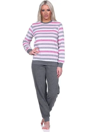 Normann Pyjama Damen Frottee Pyjama langarm mit Bündchen in Blockstreifenoptik - Verkäufer: Fairway