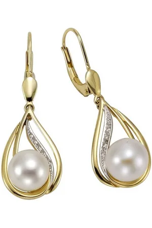 Orolino Paar Ohrhänger 585 Gold 2x Perle 7,5-8mm +10x Brillant 0,04ct.