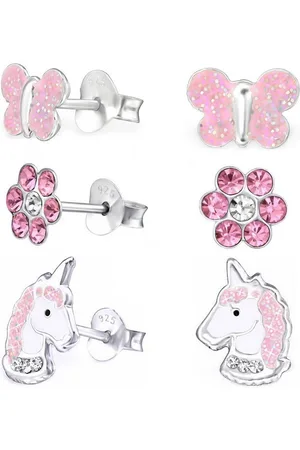 Goldene Hufeisen Ohrstecker-Set 3 Paar Set Ohrstecker Einhorn Schmetterling Blume Ohrringe 925 Silber (6-tlg, inkl. Etui), Kristall - Verkäufer: