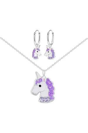 ALEXANDER YORK Schmuckset EINHORN KRISTALL lila CHARM-OHRRINGE, 4-tlg. (Kette mit Anhänger, Ohrringe), 925 Sterling Silber - Verkäufer: