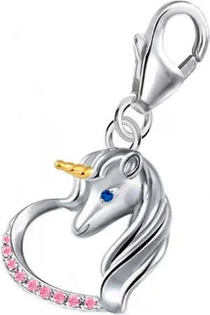 Goldene Hufeisen Charm Kristall Pferd Herz Einhorn Karabiner Charm Anhänger 925 Silber mit Zirkonia, Rhodiniert / anlaufgeschützt - Verkäufer: