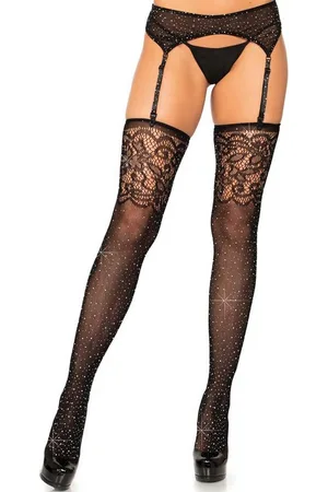 Leg Avenue Strapsstrümpfe Straps-Strümpfe mit Spitze und Schmucksteinen - mit offenem Schritt - Verkäufer: Sandritas