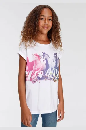 Kidsworld T-Shirt Pferde Kurzarm, bedruckt, Rundhalsausschnitt, aus Baumwolle