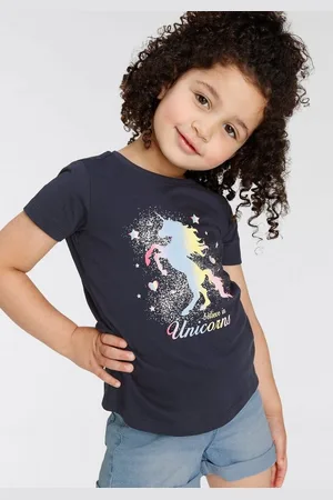 Kidsworld T-Shirt believe in Unicorns Kurzarm, hüftlange Passform, mit Glitzerdruck, Rundhalsausschnitt