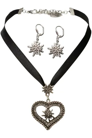 Alpenflüstern Ketten-Set Trachtenschmuck-Set Satin-Trachtenkette Strassedelweissherz und Trachten-Ohrhänger Strass-Edelweiss (schwarz), - Damen-Trachten-Schmuck, Trachtenset Kette und Trachten-Ohrringe - Verkäufer: