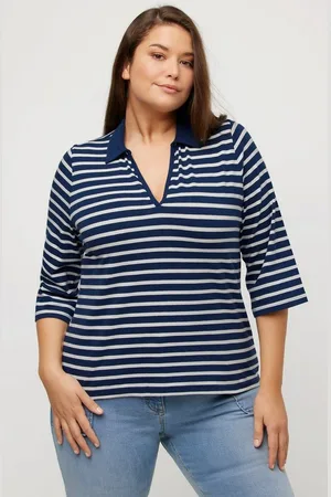 Ulla Popken Poloshirt Poloshirt Ringel V-Ausschnitt 3/4-Arm - Verkäufer: Popken Fashion Group