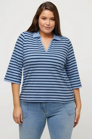 Ulla Popken Poloshirt Poloshirt Ringel V-Ausschnitt 3/4-Arm - Verkäufer: Popken Fashion Group