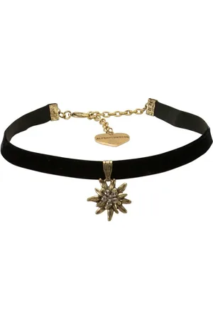 Alpenflüstern Choker Trachten-Samt-Kropfband Strass-Edelweiß klein antik-gold-farben (schwarz), - Trachtenkette enganliegend, Kropfkette elastisch, Damen-Trachtenschmuck, Samtkropfband schmal - Verkäufer:
