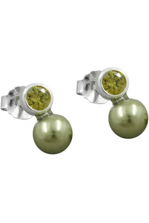 GALLAY Paar Ohrstecker Ohrring 7x4mm Zirkonia peridotfarbig Imitatperle olivgrün 925 (1-tlg) - Verkäufer: Cats Collection