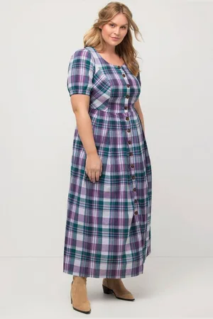 Ulla Popken Dirndl Midikleid Karo Leinenmix Rundhals Puff-Halbarm - Verkäufer: Popken Fashion Group
