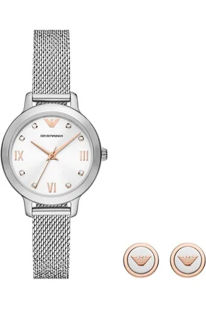 Emporio Armani Quarzuhr AR80065SET, (Set, 3-tlg., mit dazu passenden Ohrsteckern), Armbanduhr, Damenuhr, ideal als Geschenk, Edelstahlarmband