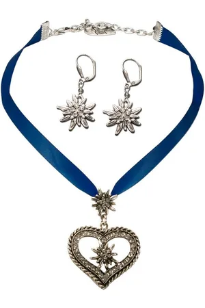 Alpenflüstern Ketten-Set Trachtenschmuck-Set Satin-Trachtenkette Strassedelweissherz und Trachten-Ohrhänger Strass-Edelweiss (blau), - Damen-Trachten-Schmuck, Trachtenset Trachtenkette und Trachten-Ohrringe - Verkäufer: