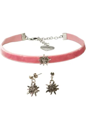 Alpenflüstern Ketten-Set Trachtenschmuck-Set Trachten-Samt-Kropfband und Ohrstecker Strass-Edelweiß mini (rosa-ros), - Damen-Trachten-Schmuck, Trachtenset Trachtenkette und Trachten-Ohrringe - Verkäufer: